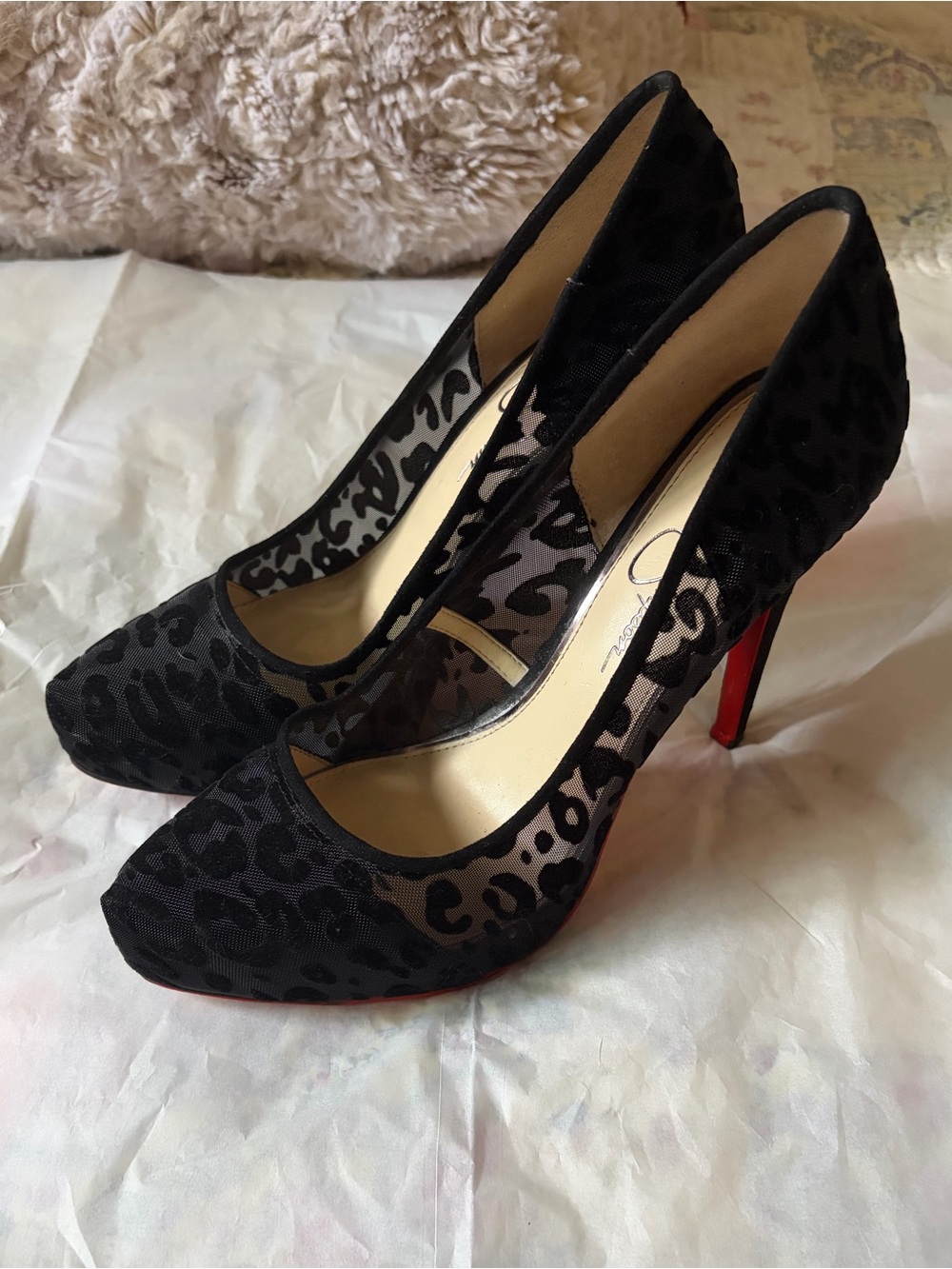 Jessica Simpson Black Mesh Leopard Print High Heel Pumps with Red Sole - Picture 3 of 4